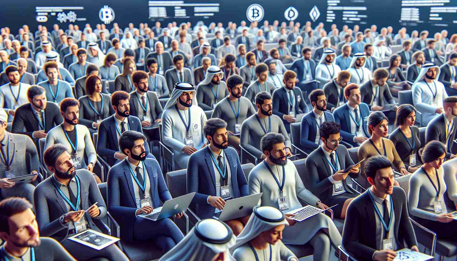 Render an image of 'Blockchain Life 2024: A High-Profile Gathering in Dubai's Crypto Scene'. Picture a large conference room filled with attendees engrossed in a riveting discussion on cryptocurrency. Ensure a good representation of various genders and descents among the attendees. Depict a mix of Middle-Eastern, Hispanic, Caucasian, Black, and Asian attendees. Some are engaged in conversation while others listen intently to the speaker. Everyone is dressed in professional attire with lanyards and ID badges, some on their laptops reviewing digital currencies, others jotting down notes. The backdrop of the stage banners should scream everything blockchain and crypto.