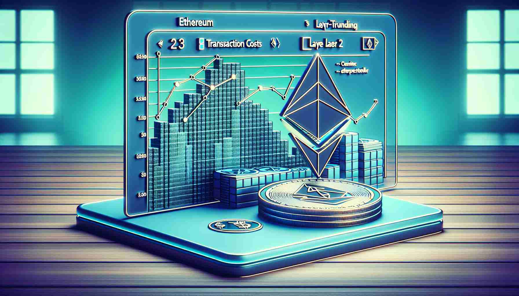 Generate a photorealistic high-definition image displaying a graph that indicates the transactional costs on Ethereum reaching a multi-year low. Show a Layer 2 solution, represented conceptually, effectively mitigating the fees. The scene could feature symbols or metaphorical representations for Ethereum, transaction costs, and Layer 2 solutions like a stylized Ethereum logo, a down-trending graph, and a protective shield or barrier respectively.