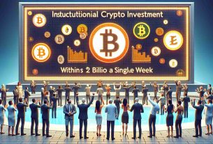 Create a highly detailed and realistic image representing institutional crypto investment hitting $2 billion within a single week. The scene should display a large number (2 billion) on a digital billboard or screen, coupled with cryptocurrency logos such as of Bitcoin, Ethereum, and Litecoin. Include people of different descents and genders - a White male, a Middle-Eastern female, and a Hispanic male - celebrating this milestone. The tone of the image should be positive and upbeat, reflecting the excitement in the crypto community.