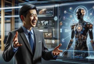 A realistic, high-definition image of an Asian businessman who is the CEO of a major telecommunications company passionately demonstrating his pursuit of a future with Artificial Super Intelligence. He is actively involved in a conversation about A.I. advancements, standing in front of a high-tech digital board displaying various futuristic A.I. models.