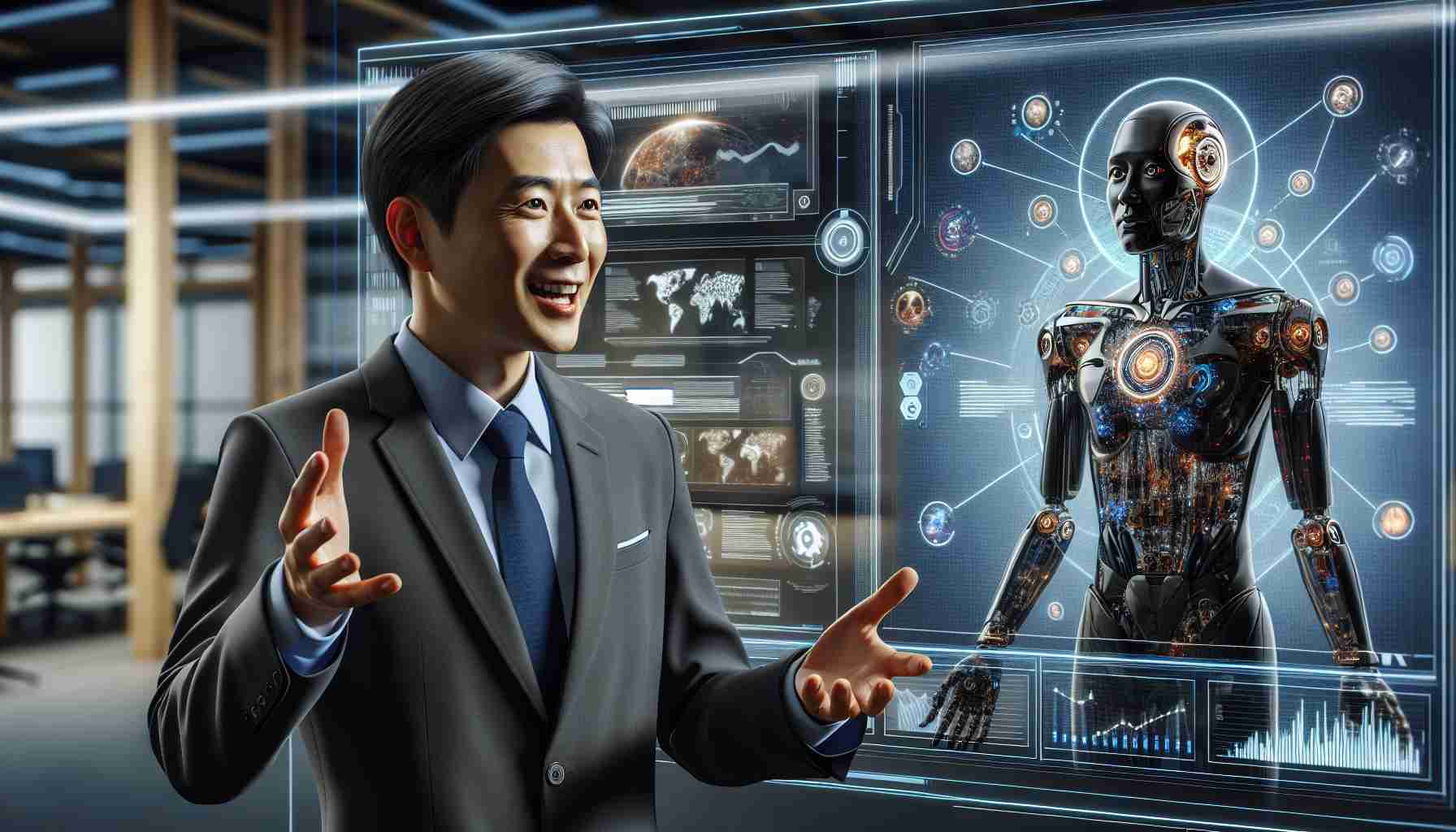 A realistic, high-definition image of an Asian businessman who is the CEO of a major telecommunications company passionately demonstrating his pursuit of a future with Artificial Super Intelligence. He is actively involved in a conversation about A.I. advancements, standing in front of a high-tech digital board displaying various futuristic A.I. models.