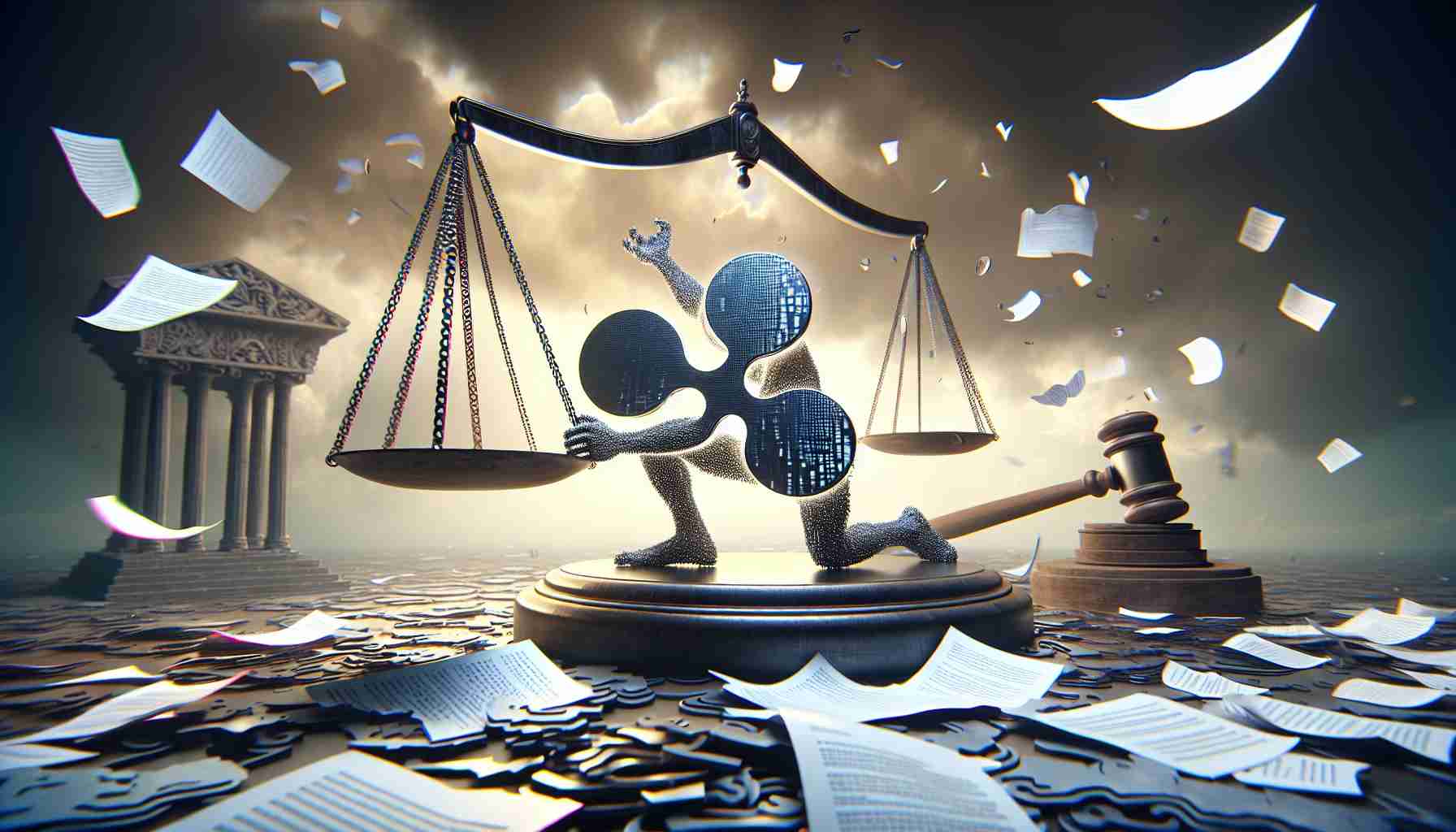 A hyper-realistic, high-definition digital representation that embodies the abstract concept of the cryptocurrency platform Ripple in a metaphysical struggle with an anonymized symbol of governmental regulatory entity (not specific to any country) over a disparity in punishments. Illustrate the Ripple logo as an animated entity, grappling with a balance scale, suggestive of justice. The environment around is cloudy, signaling confusion and uncertainty. For added context, scattered fragments of documents symbolizing rules and regulations are flying around the scene.