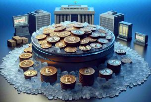 A high-definition, realistic image of a physical representation of the situation where India's Enforcement Directorate freezes the assets of a cryptocurrency Ponzi scheme. Depict piles of symbolic physical coins marked with generic crypto logos, with ice formation around suggesting a 'freeze' situation. For context, include elements such as government buildings, and digital screens reflecting the monetary values involved.