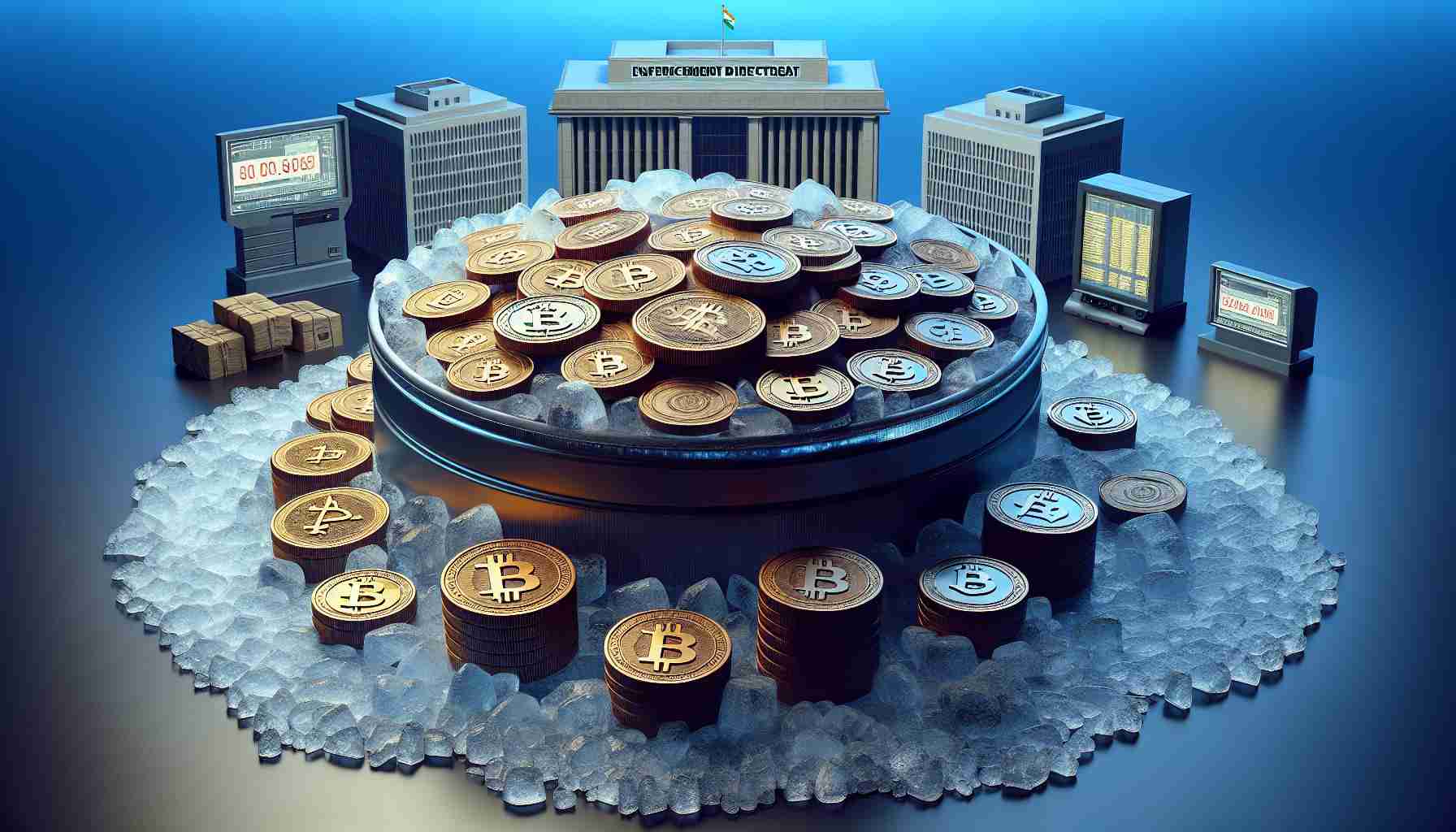 A high-definition, realistic image of a physical representation of the situation where India's Enforcement Directorate freezes the assets of a cryptocurrency Ponzi scheme. Depict piles of symbolic physical coins marked with generic crypto logos, with ice formation around suggesting a 'freeze' situation. For context, include elements such as government buildings, and digital screens reflecting the monetary values involved.