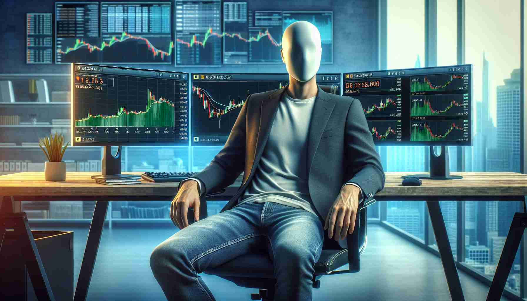 A hyperrealistic image of a successful, anonymous business entrepreneur, formerly the CEO of a notable cryptocurrency platform, seated in a modern office. On his desk are several monitors displaying cryptocurrency values, with emphasis on the skyrocketing BNB token value. Please ensure the depicted individual is a middle-aged East Asian male, casually dressed, and displaying a sense of accomplishment.