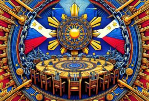 An intricately detailed high definition image displaying a symbolic representation of the progression of the Philippines Blockchain Council. The image includes chains interlinked to represent blockchain technology, a rising sun indicating advancements, and a round table suggests their advisory board, with multiple vacant chairs symbolizing new potential partnerships. The color scheme should consist of prominent royal blue, red, and yellow hues, symbolizing the flag of the Philippines.