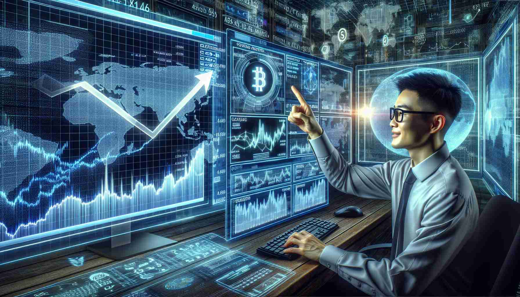 A realistic HD photo of an enthusiastic prediction by a crypto analyst for a surge in the CRV token. The image could include a digital screen displaying upward trending graphs and charts related to CRV token's performance, a virtual world map indicating global market, and a virtual figure of an analyst – Asian male – pointing towards these graphical representations. The surroundings can be a futuristic digital space filled with numbers, codes, and financial symbols, expressing the aura of high-tech finance.