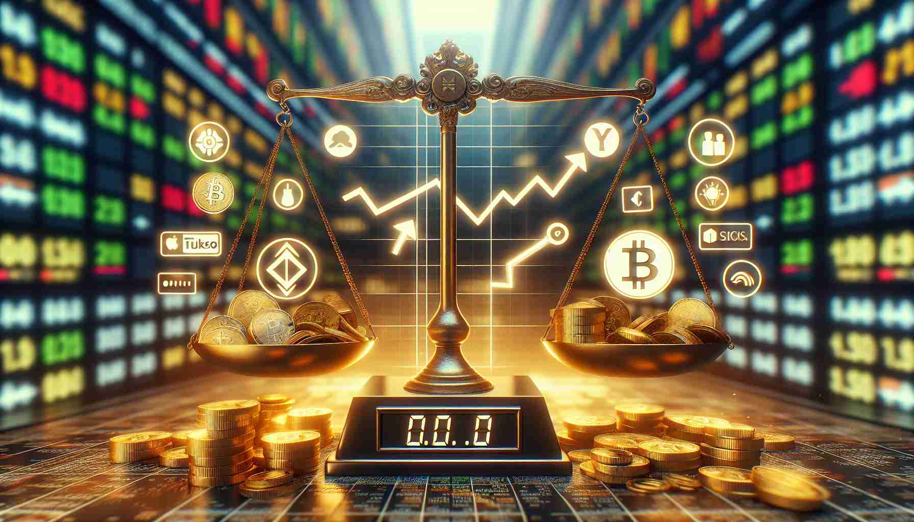 Generate a high-definition, photorealistic image that depicts the shifting investor focus from cryptocurrencies to tech stocks. Show a symbolic representation of this shift with a balance scale. On one side, place symbols representing cryptocurrencies such as golden coins with a Bitcoin logo. On the other side, show symbols for tech stocks like a graph trending upwards and logos of some imaginary tech companies. The scale tips towards the tech stocks side, signifying a movement in that direction. The background can be a stock market or trading floor ambiance.