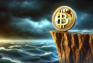 Create a detailed and realistic image of the Dogecoin cryptocurrency logo standing on the edge of a cliff, symbolizing a critical market position. The cliff represents its market stability, which could be fragile. The background should be a turbulent sea or heavy clouds, indicating a volatile and uncertain investment environment. The lighting should be stormy and dramatic to further highlight the precarious nature of its position.