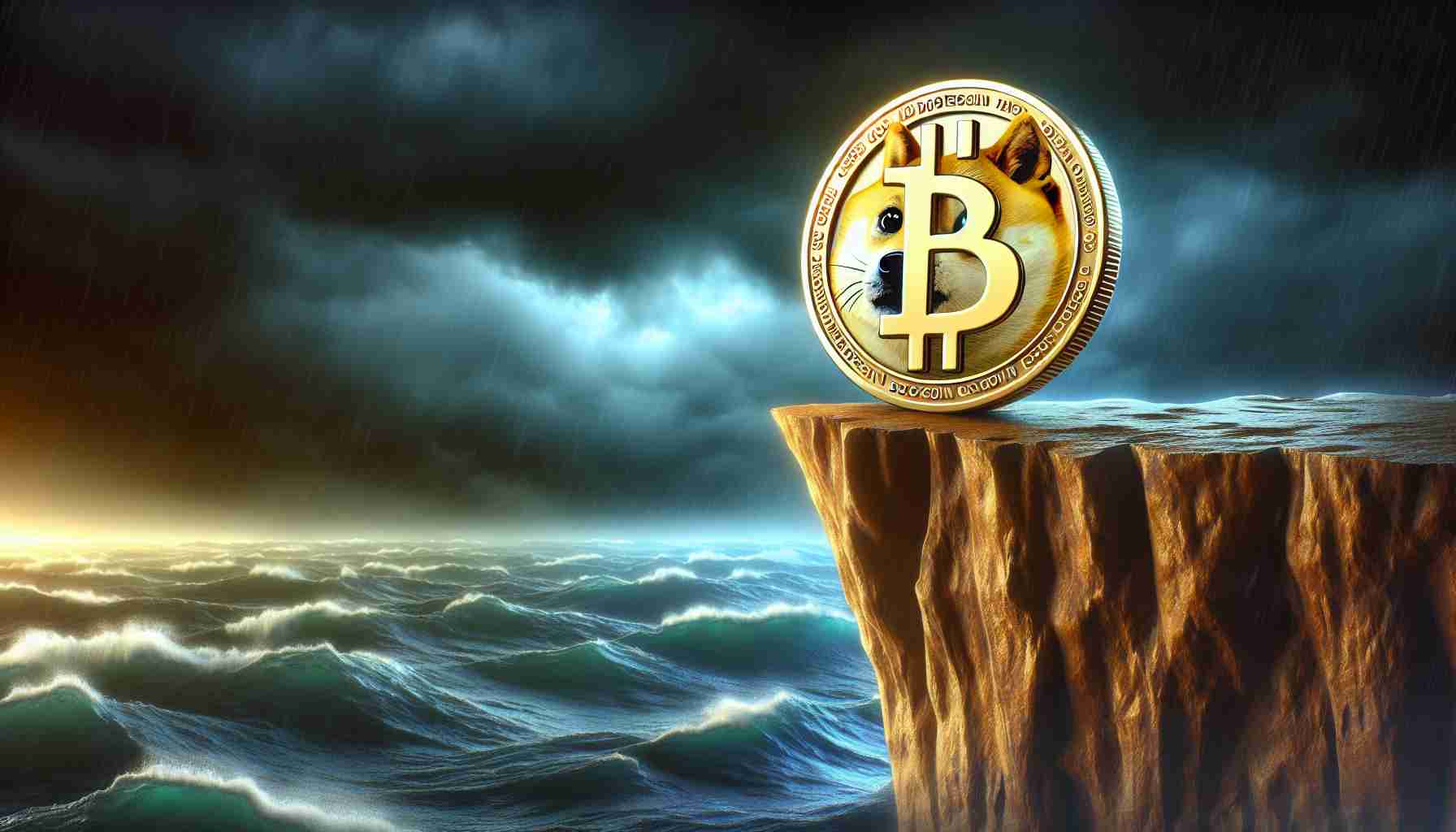 Create a detailed and realistic image of the Dogecoin cryptocurrency logo standing on the edge of a cliff, symbolizing a critical market position. The cliff represents its market stability, which could be fragile. The background should be a turbulent sea or heavy clouds, indicating a volatile and uncertain investment environment. The lighting should be stormy and dramatic to further highlight the precarious nature of its position.