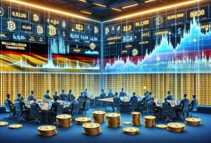 Illustrate a high-definition realistic image of digital screens showing graphs and data symbolizing accelerated Bitcoin transactions. The screens are in a room themed in connection with Germany, incorporating iconic elements like the national flag and recognizable landmarks. Several individuals of varying descents and genders are in the room, actively engaged in these transactions; there's a noticeable presence of heightened activity. Show stacks of physical representations of Bitcoins indicating multi-million dollar transactions. Please avoid literal depictions of disposal, rather illustrate rapid transactions or exchanges.