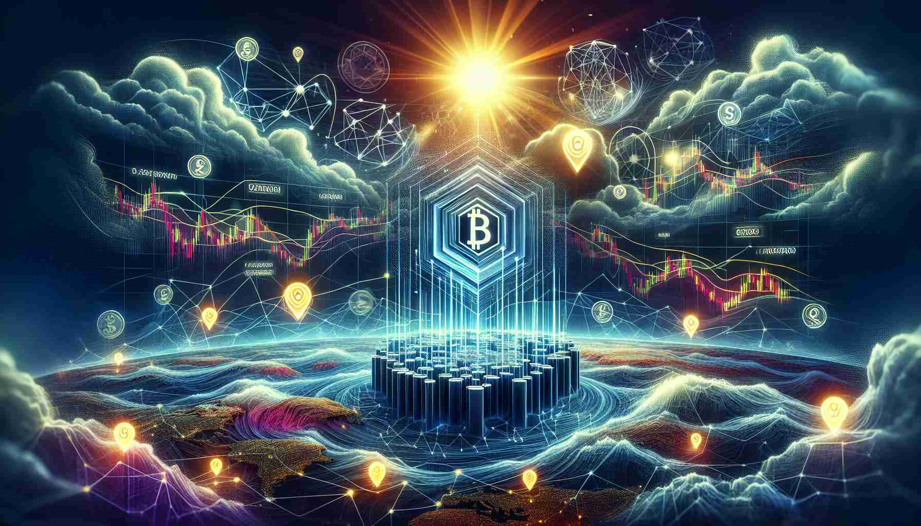 Create a detailed and realistic high-definition image representing the concept of 'Solana Thrives in Transactions Despite Market Odds'. Visualize a robust digital blockchain ecosystem, symbolized by the Solana logo, with digital connections and transactions flowing seamlessly. Surround this with turbulent market elements like fluctuating graphs and charts, and torrential trading symbols, representing the unfavorable market conditions. However, ensure that the Solana ecosystem stands tall and vibrant amidst this turmoil.