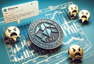 A highly detailed and realistic illustration of a token labeled 'ENA' showing a decrease on a chart. Alongside are displayed comments bubbles with symbols of anger and disappointment, implying backlash from an online community. Text at the top of the image reads 'Ethena Labs - Tokenomics Update'.