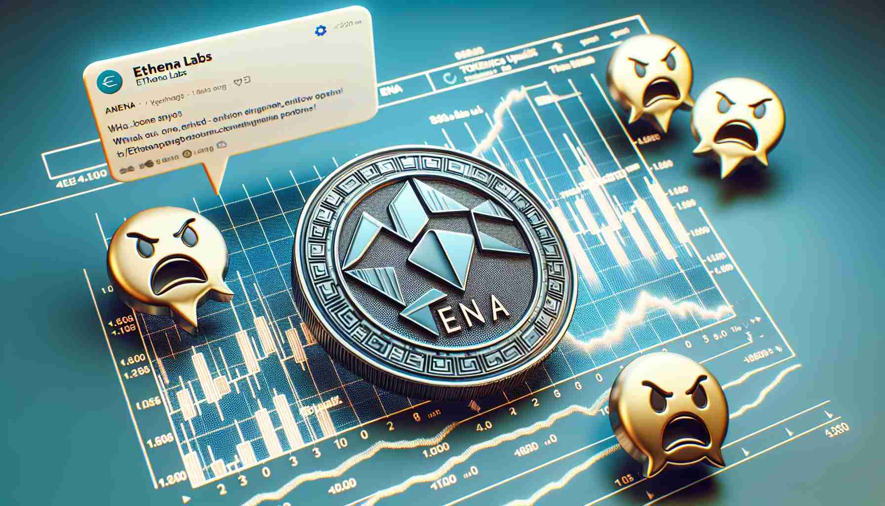 A highly detailed and realistic illustration of a token labeled 'ENA' showing a decrease on a chart. Alongside are displayed comments bubbles with symbols of anger and disappointment, implying backlash from an online community. Text at the top of the image reads 'Ethena Labs - Tokenomics Update'.