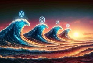 Create an image representing the concept of advancing towards an evolution in blockchain technology, with emphasis on LayerZero, zkSync, and Solana. Depict these three elements as distinct waves in the ocean moving towards the shore, representing the future of blockchain. Each wave should indicate strength and momentum, implying their impact on the blockchain ecosystem. Make sure the image is hyper-realistic and high definition.