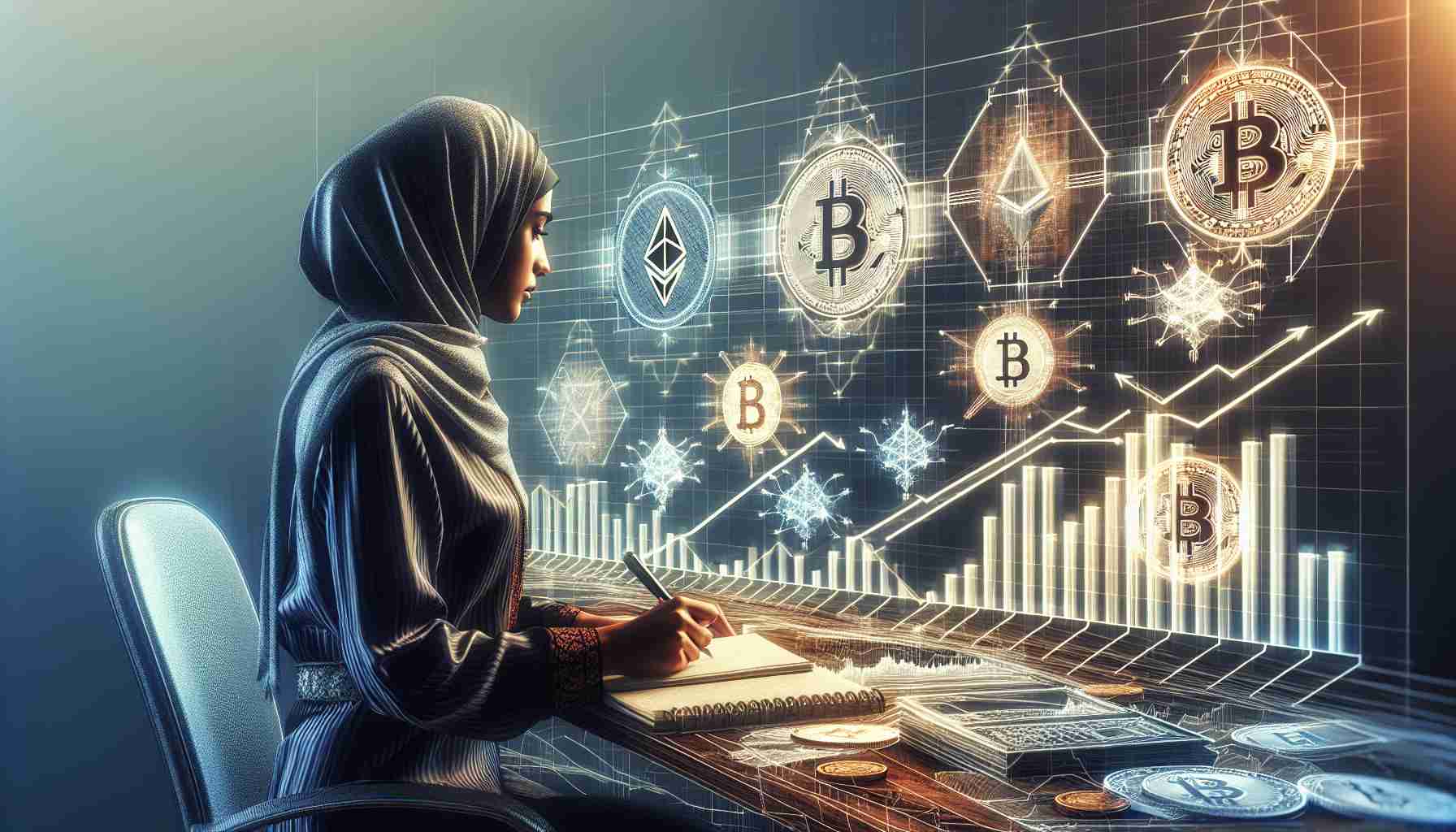 A realistic high-definition depiction of the concept of understanding the recent shifts in cryptocurrency markets. This can be portrayed as a complex financial chart or graph with various lines, arrows, and figures representing different cryptocurrencies like Bitcoin, Ethereum, and others. On the foreground should be a person taking notes or analysing these data, perhaps sitting at a desk, using a computer. Representation of the person can be that of a Middle-Eastern woman, dressed in formal attire, focused and concentrated.