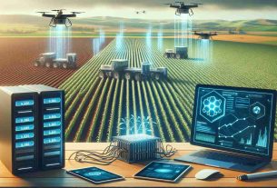 A high-definition, realistic image depicting the future of agriculture being fueled by blockchain technology. The scene should include a digital interface presenting crop data traced back by a blockchain. In the background, cutting-edge farming methods are employed in a landscape of rolling fields. Include computer servers and drones monitoring and logging the crop health data into the blockchain, signifying the digital revolution in agriculture.