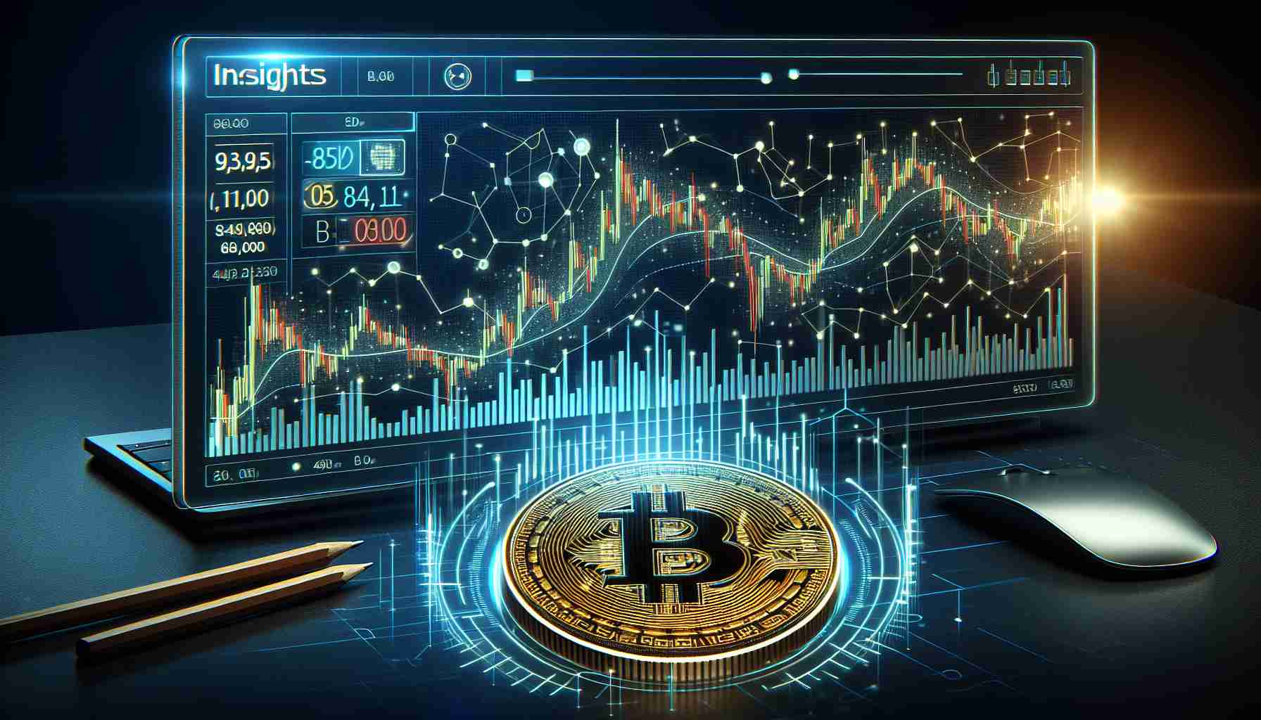 Generate a realistic HD image of a digital financial chart presenting a significant uptrend in Bitcoin's value, indicating a potential price surge. The chart should be navigable with various complex data points and trend lines. Please incorporate the caption 'Insights Predict Bitcoin's Uptrend and Potential Price Surge' within the image.