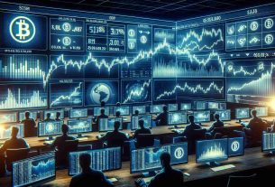 Generate a realistic, high-definition image portraying a financial market scenario where cryptocurrency prices are experiencing a significant drop. The overall scene should represent the quick volatility and drastic price variation common in cryptocurrency markets. Depict different symbols and figures prominently on large screens, along with real-time graphs and charts showing a sharp decline in cryptocurrency value. Also, include traders frantically working on their computer terminals, reacting to this downturn. Add dramatic lighting to enhance the emotional intensity of the scene.