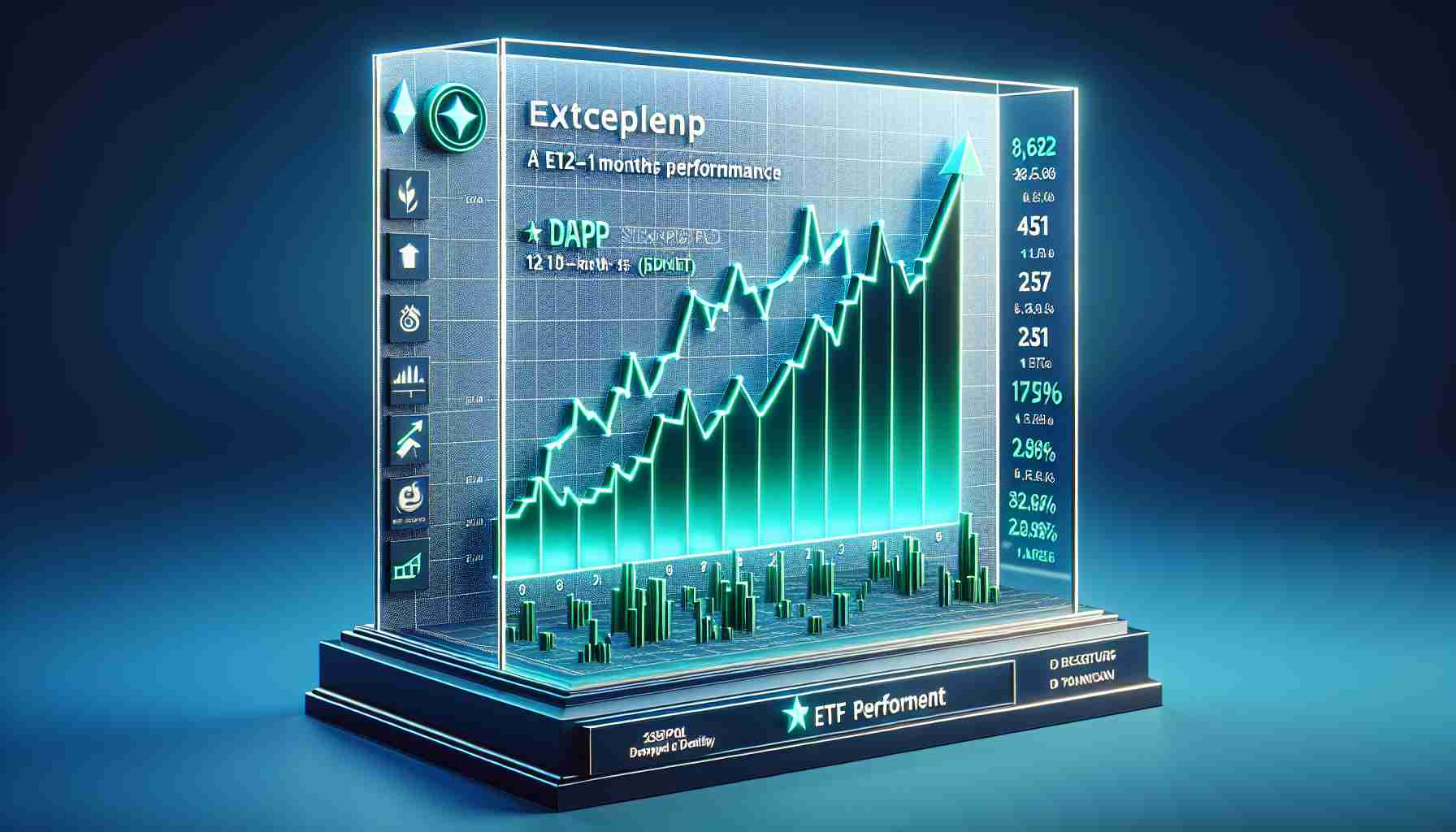 3D model of a modern stock market chart displaying the excellent performance of a hypothetical ETF called DAPP created by a fictional firm named VanEck. The chart should indicate a stellar 12-month performance, with significant green upward spikes indicating the triumphs. The graph should be accompanied by relevant financial icons and symbols in high definition. The color theme should be blue and white, with the chart lines in green to indicate positive growth.