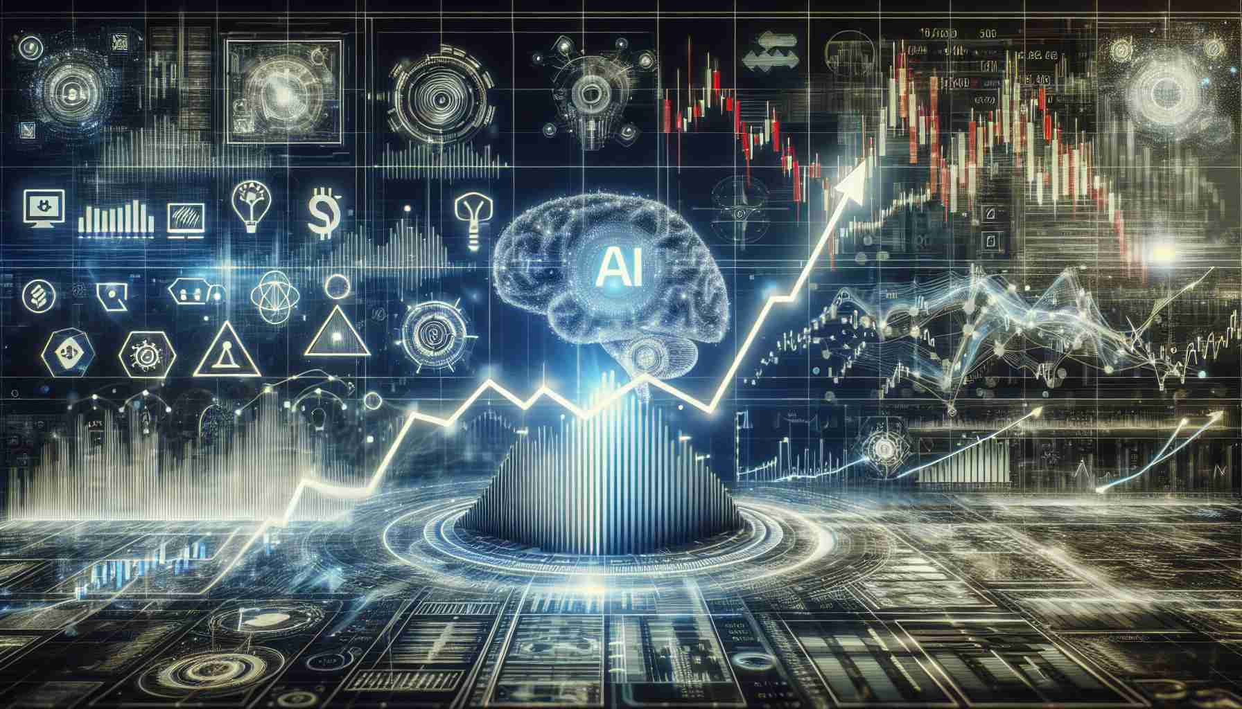 A photorealistic, high-definition image displaying an upward graph curve surrounded by technology and artificial intelligence-related elements. This rebounding graph curve symbolizes the return of AI tech shares after a market downturn. Additionally, the background is filled with varying symbols and indicators representing the fluctuating stock market, including a blend of numbers, arrows, ticker symbols and other financial data visualizations.