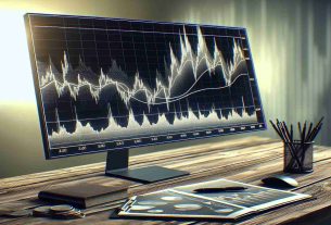 Generate a realistic HD photo of a line graph displaying the decrease in volatility for a cryptocurrency named Solana. The graph should show its performance against the backdrop of market challenges with tumultuous waves in financial charts, and the line representing Solana maintaining a relatively steady course. The image should include features like a y-axis labeled 'Volatility' and an x-axis labeled 'Time', with arrows signifying the direction of increasing values.