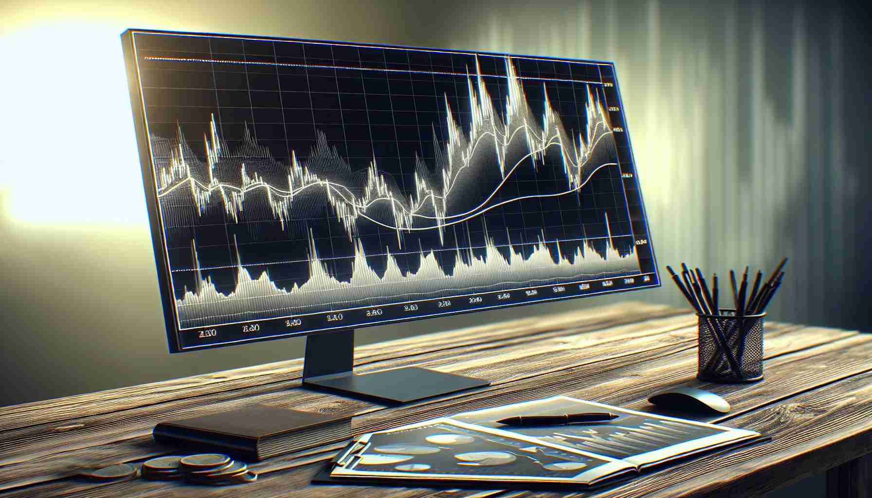 Generate a realistic HD photo of a line graph displaying the decrease in volatility for a cryptocurrency named Solana. The graph should show its performance against the backdrop of market challenges with tumultuous waves in financial charts, and the line representing Solana maintaining a relatively steady course. The image should include features like a y-axis labeled 'Volatility' and an x-axis labeled 'Time', with arrows signifying the direction of increasing values.