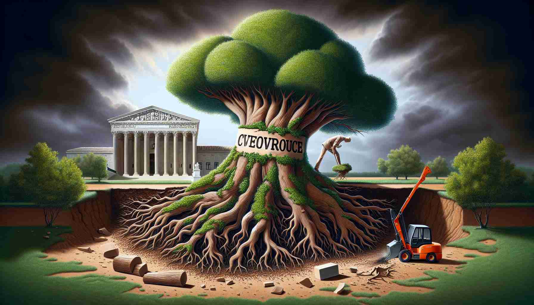 Realistic high-definition illustration of a symbolic representation of the U.S. Supreme Court making a major change to a historic judicial doctrine, represented as a large tree labeled as 'Chevron Doctrine' being uprooted.