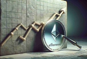 An HD quality, photo-realistic image illustrating the concept of 'Ethereum,' symbolized by a silver coin with the Ethereum logo embossed on it, pressing against a solid wall, denoting resistance. The backdrop shows an upward trending line graph in muted tones, indicating potential upward movement. The scene should evoke the feel of a financial market analysis.