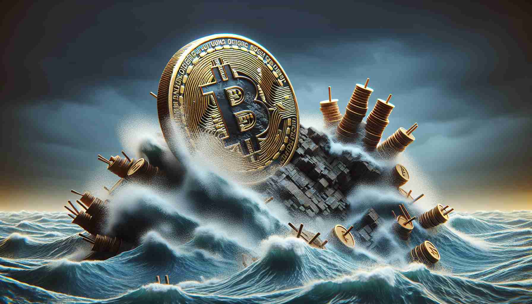 Generate a high-definition, realistic image of a physical representation of Bitcoin, shown as sturdy and unmovable even amidst an imagined scenario suggestive of a turbulent financial market. The turbulent market could be metaphorically represented as a stormy ocean or shaky ground. The Bitcoin should remain untouched, emphasizing its resilience and stability.