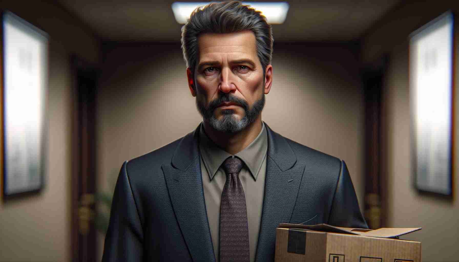 Realistic HD photo of a high-ranking executive, who has spent nine years in a digital currency regulation agency, making an exit from the premises. He is a middle-aged Caucasian man, with a short, neatly groomed beard, wearing a well-tailored suit, holding a box of his belongings.