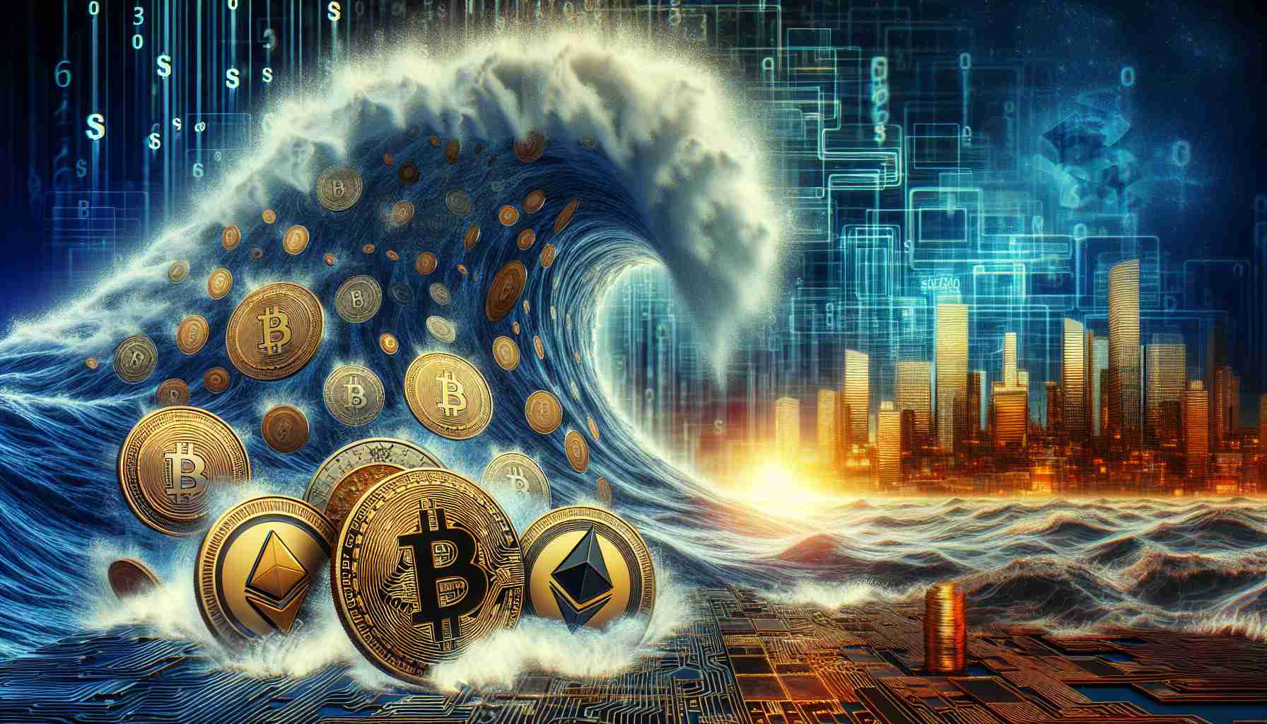 An intricate and detailed image representing the increasing trend of cryptocurrency heists, symbolized by a metaphorical 'Rising Tide'. In the foreground, digital coins signifying various cryptocurrencies (like Bitcoin, Ethereum, etc.) being swept away by a tumultuous cyber ocean wave. In the background, a virtual silhouette of a cityscape reflecting various global financial sectors. The amount of $19 Billion embed somewhere in the image as a bold, striking numerical figure to represent the scale of this challenge.