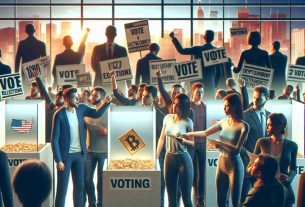 Realistic, high-definition image of people enthusiastically engaging in voting campaigns for the upcoming 2024 elections, which largely focus on the influence of cryptocurrency. The scene hints at a modern digital era, with posters and banners highlighting the importance of technology and digital currencies in the background. It should also depict individuals of diverse ethnic and gender backgrounds casting their votes, showcasing a wide representation of the modern electorate.