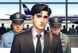 High-definition illustration of an Uzbek male individual being escorted by U.S. officials. He has a worried expression on his face that indicates the seriousness of the cyber crime charges he is facing. The background contains an airport setting, subtly indicating his extradition process. Note: This is a representation purely based on typical attire and look of an Uzbek man; however it does not resemble any real person.