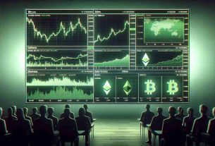 Create a high resolution, realistic image of a trading screen. The screen is divided into two main panels. Each panel depicts the live trading data and chart of a cryptocurrency. The left panel is dedicated to Bitcoin and the right one is dedicated to Ethereum. Their prices are on the rise, with green color dominating the screens to represent the bullish market. At the bottom of the screen, there's a faded chart of a stable coin, suggesting investors' reduced interest in it. Additionally, include visual representations of investors, of all genders and descents, scrutinizing and studying the data.