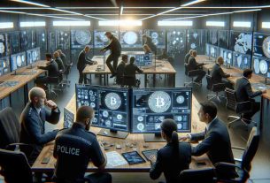 A high-definition, realistic image of a hypothetical scene where UK law enforcement officers are progressively investigating a large-scale virtual currency fraud. The scene includes Caucasian and Black male and female officers working collaboratively, examining and piecing together digital evidence on large screens, with a tense atmosphere permeating the room. Please ensure to include elements like cryptographic symbols, digital hash codes, and virtual currency graphics to represent the crypto nature of the investigation.