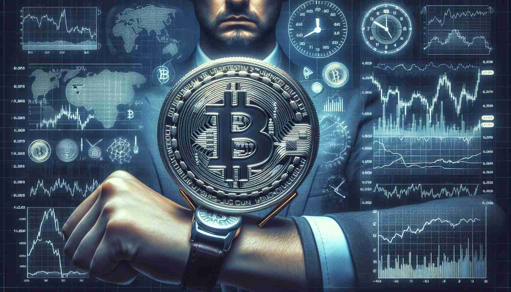 Create a realistic high-definition image of a physical Bitcoin, with a stern face etched on it, indicating a potential dip or downturn. Surround this main subject with visual imagery representative of a vigilant market watch, such as trend lines, candlestick charts, and fluctuating percentage numbers.