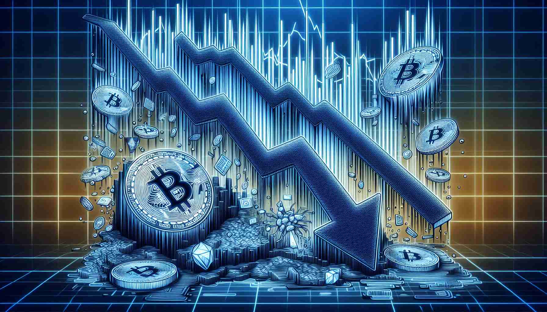 Detailed representation of a noticeable downturn in the cryptocurrency market, particularly exemplified by the Bitcoin. Visualize this as a graph or chart with sinking lines and declining values, combined with symbols associated with cryptocurrencies like the Bitcoin symbol. Emphasize the drastic downfall to portray the notion of a significant plunge. The image should be in high definition and have a realistic aesthetic.