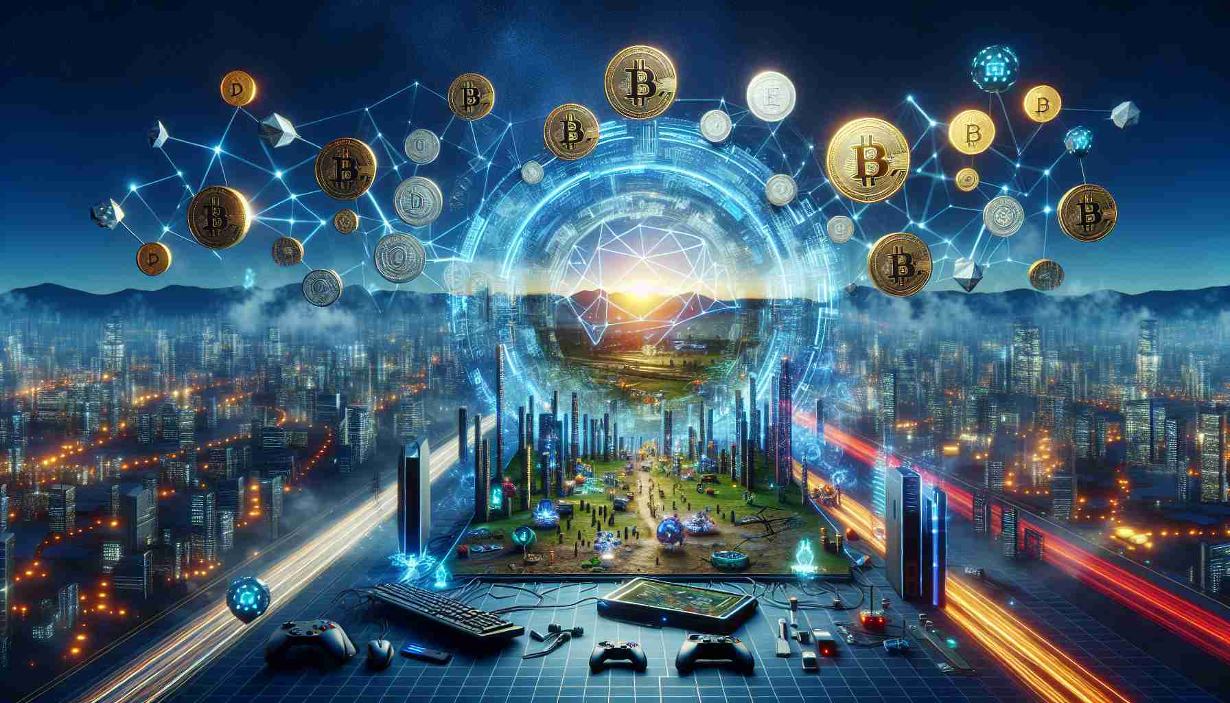 A high-definition, realistic image representing the concept of gaming in the cryptosphere. The scene should showcase various innovative elements and symbols associated with cryptocurrency, such as digital coins, blockchain networks, and futuristic technology. It should also illustrate a sense of growth and expansion, perhaps through images of rapidly growing digital trees or expanding cityscapes. Include representations of video game elements such as virtual reality goggles, controllers, and screens. The image should embody a combination of contemporary gaming culture and the promising field of cryptocurrency-related gaming innovations.