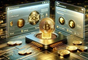 A realistic, high-definition digital rendering displaying the process of a new gold-collateralized token being minted on a platform named Alloy. The platform is presented in a sleek and modern user interface with symbolics of both, technology and finance, visible throughout. Also visible in the image are digital gold tokens exiting the platform, representing the successful minting process.