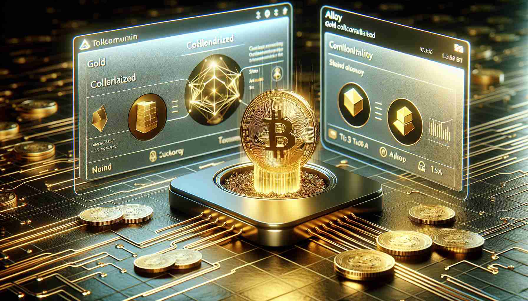 A realistic, high-definition digital rendering displaying the process of a new gold-collateralized token being minted on a platform named Alloy. The platform is presented in a sleek and modern user interface with symbolics of both, technology and finance, visible throughout. Also visible in the image are digital gold tokens exiting the platform, representing the successful minting process.