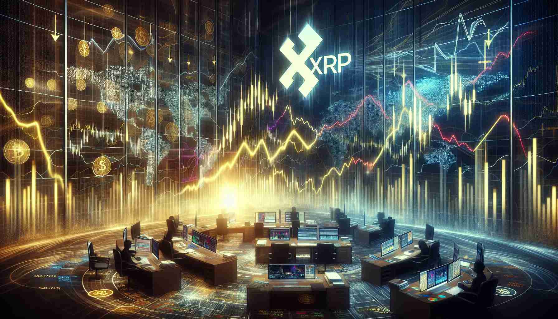 A high-definition, realistic image representing the uncertain price dynamics of XRP amidst various market activities. The scene should include a detailed and interactive stock market chart, filled with rising and falling arrows, fluctuating line graphs, and numerous trading analytics. Dramatic color variation should be used to represent market volatility, with an overall mood of uncertainty. The XRP logo should be incorporated without becoming the central focus, subtly reflecting its influence on the depicted market activities.