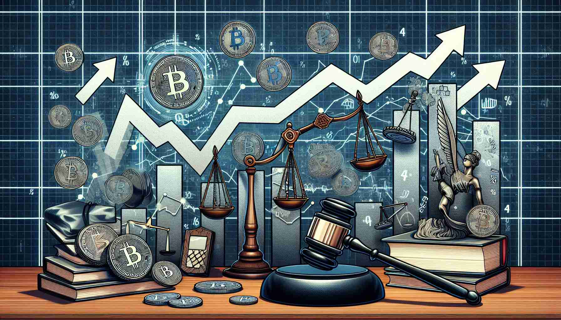 Generate a high-definition, realistic picture showing a metaphorical representation of significant crypto market dynamics alongside symbolic representations of regulatory decisions. Illustrate the former as a graph with wild swings, representing high volatility. Show regulatory decisions with images related to legislation, such as a gavel, law books, and balance scales. Please include arrows and percentages to denote fluctuations in the crypto market.