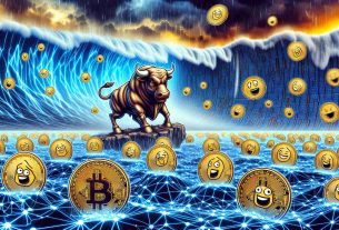 Generate an ultra high definition image illustrating the concept of 'memecoins' defying the market downturn within a blockchain system like TON. This could include symbolic elements such as a bull (symbolizing bullish behavior in markets) standing strong in the face of a storm that represents the market downturn. Digital coins with funny, meme-like faces engraved on them could be floating around the bull. The scenery could be a cluster of digital nodes interconnected, forming an abstract ecosystem that epitomizes a blockchain like TON.