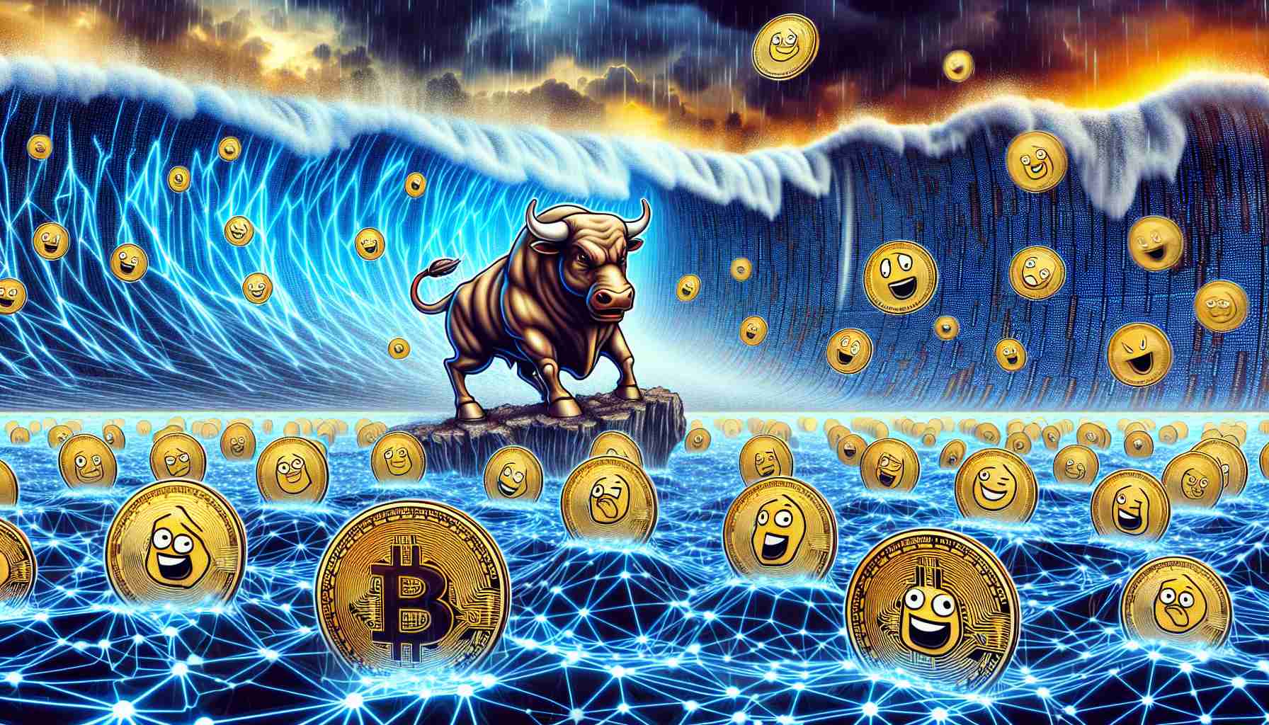 Generate an ultra high definition image illustrating the concept of 'memecoins' defying the market downturn within a blockchain system like TON. This could include symbolic elements such as a bull (symbolizing bullish behavior in markets) standing strong in the face of a storm that represents the market downturn. Digital coins with funny, meme-like faces engraved on them could be floating around the bull. The scenery could be a cluster of digital nodes interconnected, forming an abstract ecosystem that epitomizes a blockchain like TON.