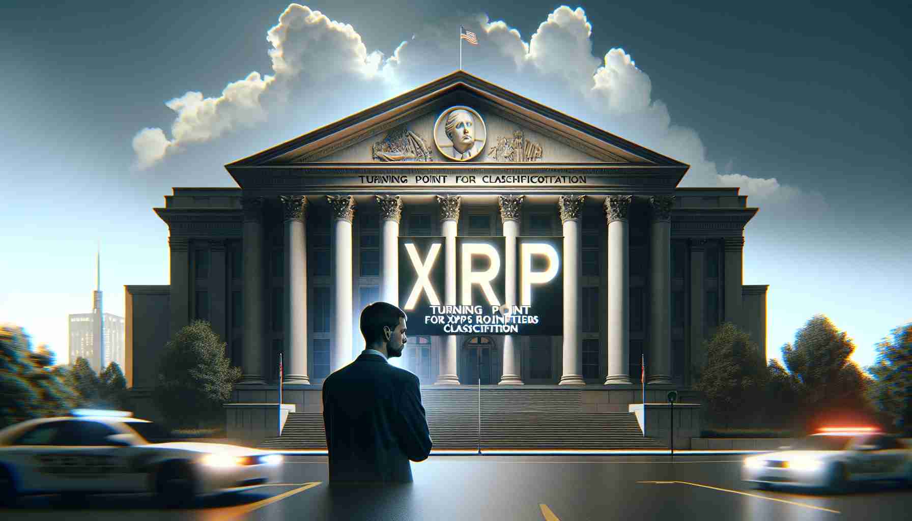 Realistic high-definition image of a courthouse facade with the words 'Turning Point for XRP's Classification' imposed in bold, professional typography in the sky above it. In front of the courthouse, a person with a worried expression is visualized, showcasing the seriousness of a potential trial.