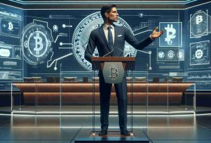 Realistic high-definition image of a generic politician in El Salvador, standing at a podium with a confident stance, as he unveils the blueprint for a new private bank with a focus on bitcoin-based transactions. The background should illustrate a sophisticated banking institution, with futuristic touch-screen displays and crypto-currency symbols adorning the walls. The politician could be a middle-aged Hispanic male, in a stylish suit, gesturing towards the bank’s blueprint.