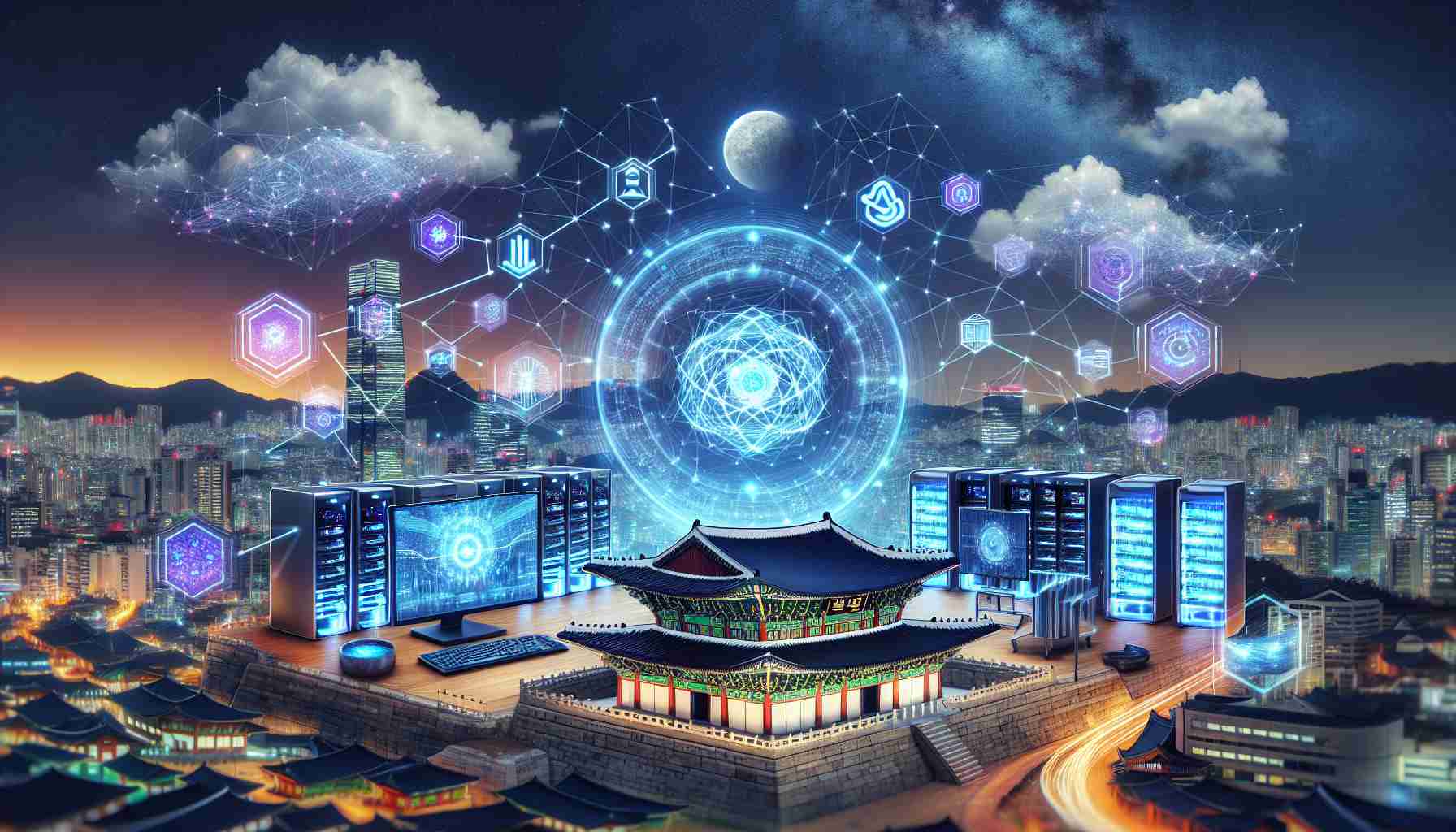 Generate a HD realistic scene that portrays the interaction of artificial intelligence and blockchain technology as the new driving forces in the future of the K-pop industry. Include elements such as computer systems running blockchain nodes, AI algorithms analyzing patterns of music and performances, and hints of Korean traditional architecture and culture in the backdrop to signify South Korea.