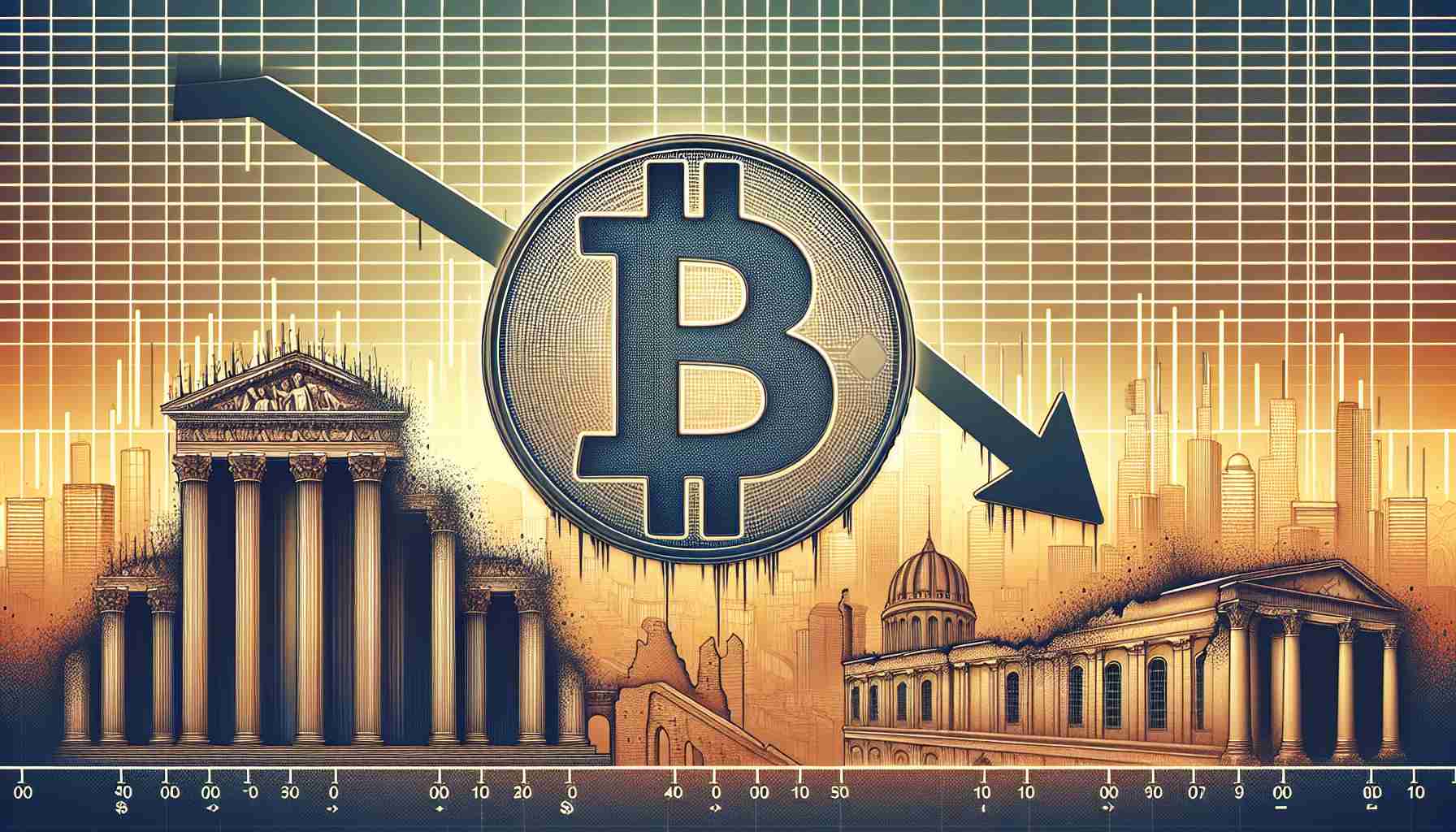 Generate a high-definition realistic image depicting a Bitcoin symbol in a downward motion. The backdrop of the image should show a detailed plot diagram of a price graph dipping below the $60,000 mark to symbolize the recent decrease in Bitcoin's value. Also, include a side image of historic architectural ruins to represent the Mt. Gox repayment plans, the once-famous Bitcoin exchange that is now bankrupt and being liquidated.