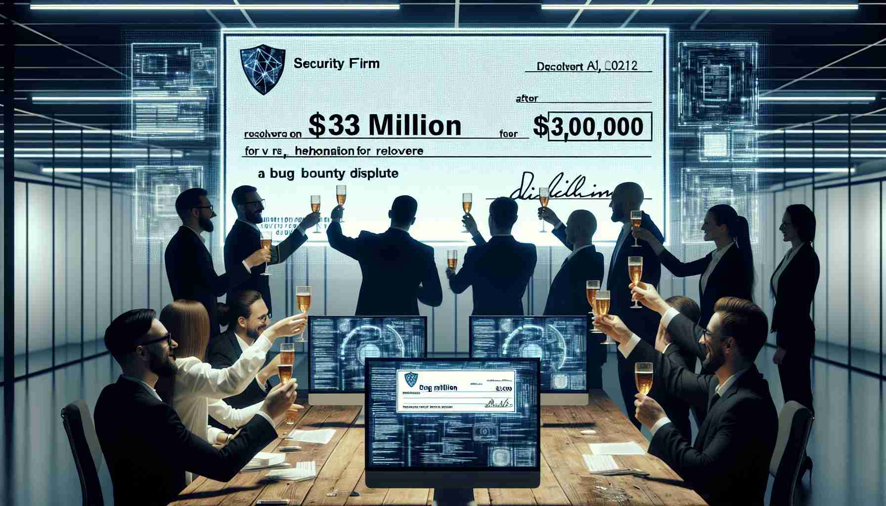 Create a high-definition, realistic image of a security firm celebrating their success in recovering $3 million for a high-profile, digital tech company after resolving a bug bounty dispute. Show the team sharing toasts in a modern office. Depict a sizable check for $3 million on the side to signify their achievement. Ensure there's a digital environment aesthetic in the backdrop, with computer screens displaying codes and tech diagrams.